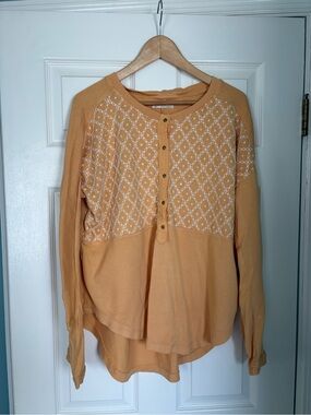 We the Free by Free People Peach Fuzz Oversized Henley Top with White Embroidery